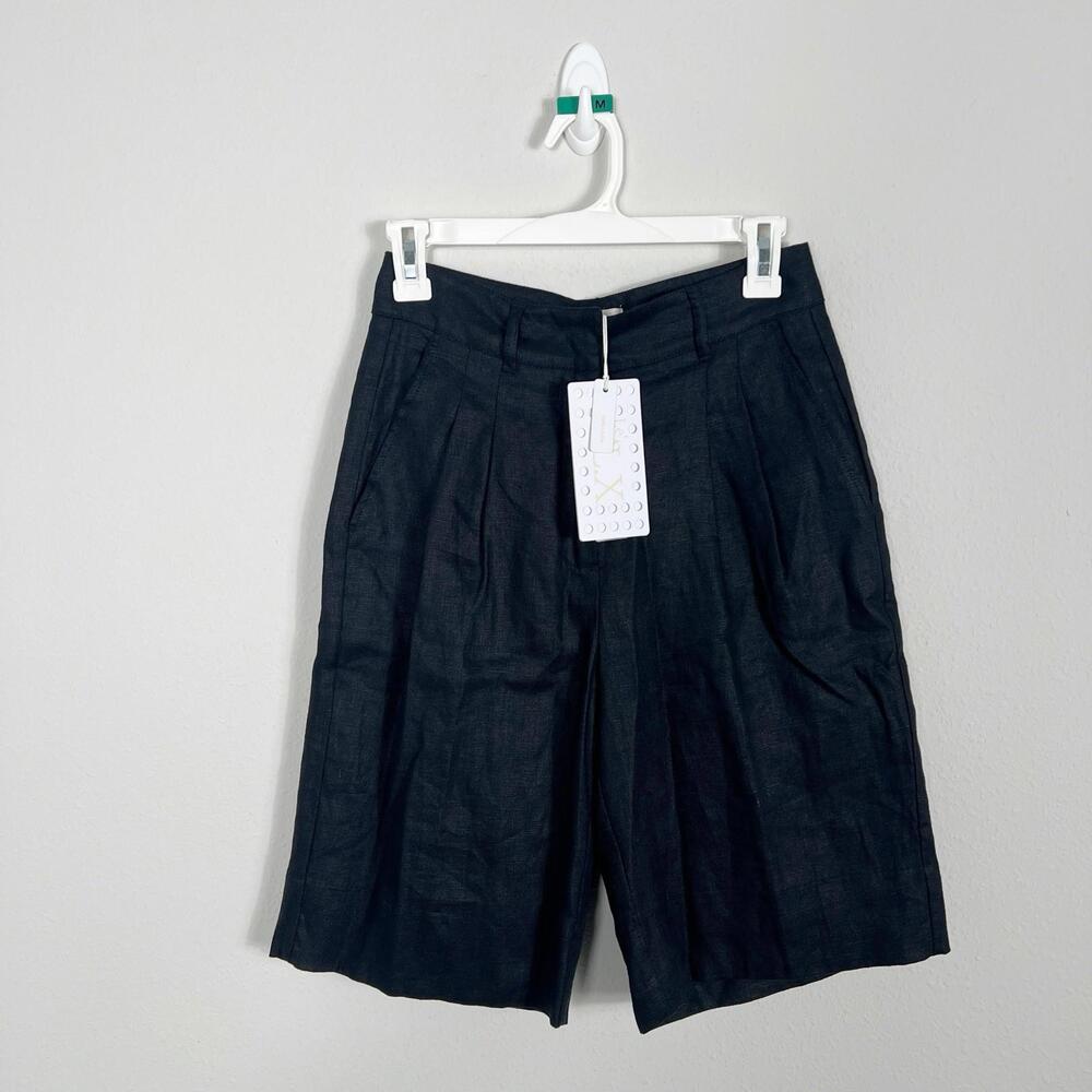 NWT Le AL.X Womens Pleated Lined Tailored Linen Shorts, Black Size 0